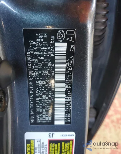 2012 Toyota Corolla Base from USA, damaged, VIN 2T1BU4EE2CC904886